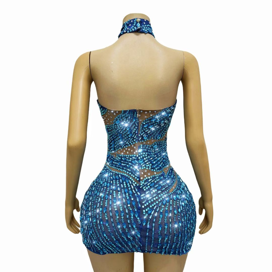 CELESINYI Lanlin Crystal Sapphire Mini Dress