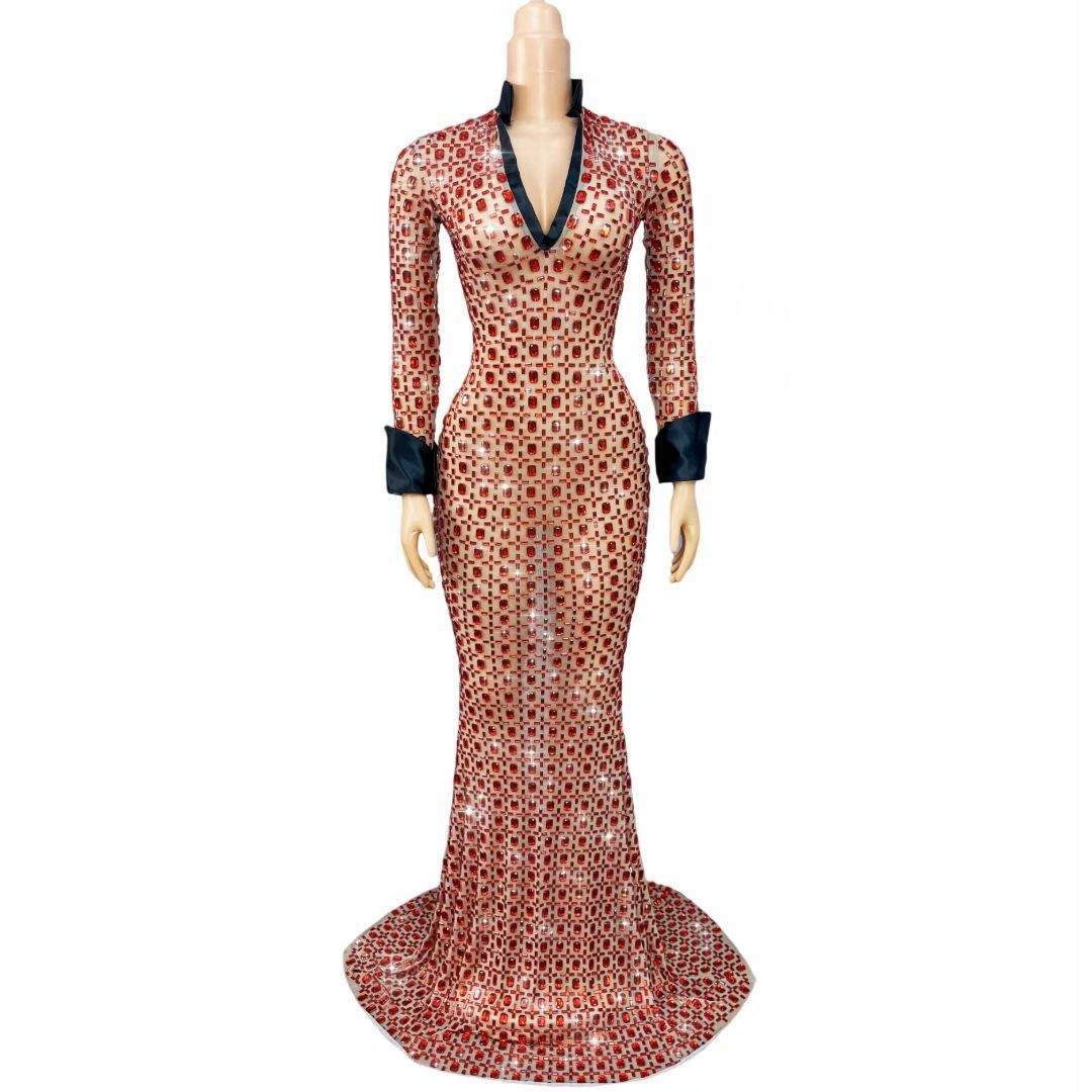 CELESINYI Luntaiyin Crystal Red Grid Gown