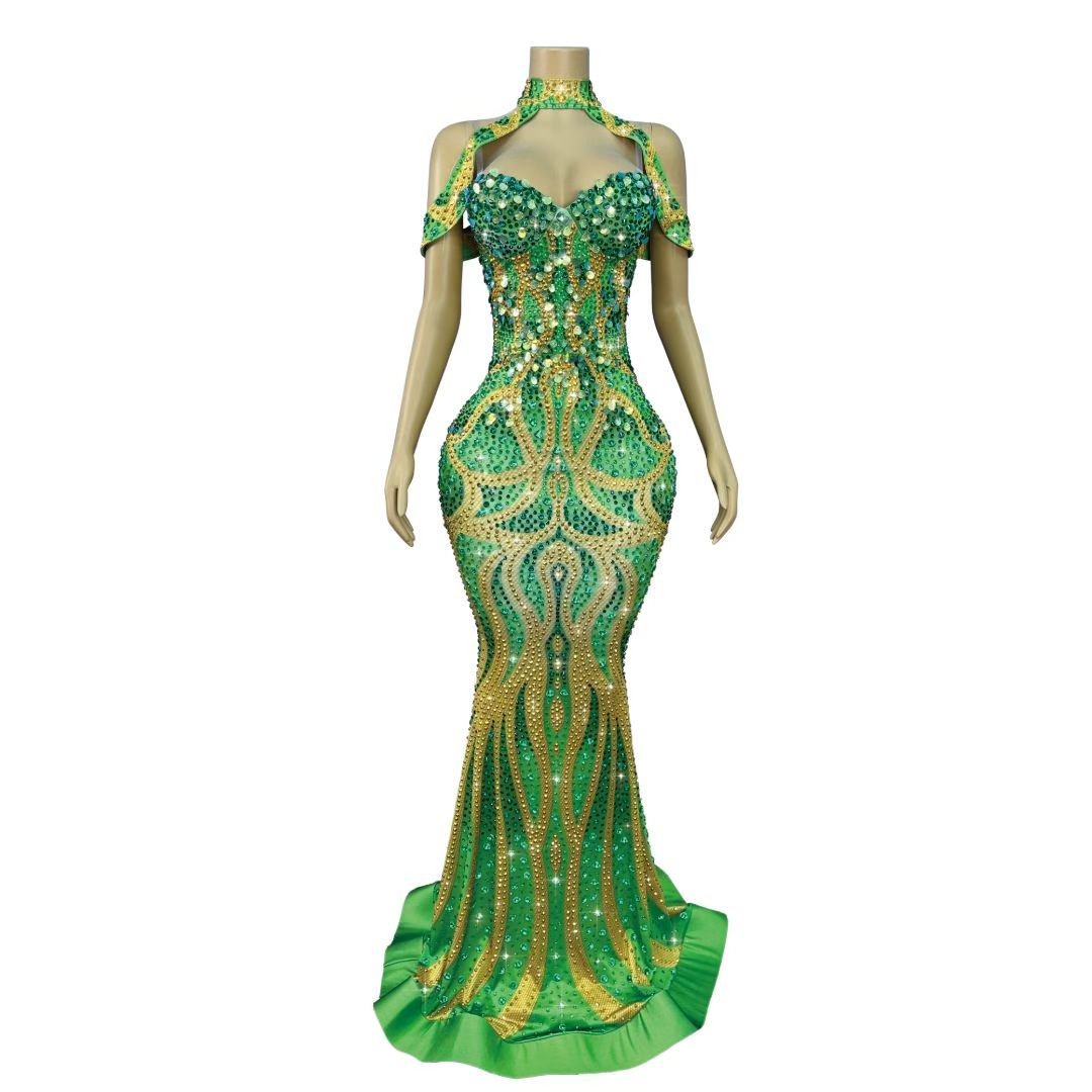 CELESINYI Moyulv Crystal Coral Mermaid Gown (Green)