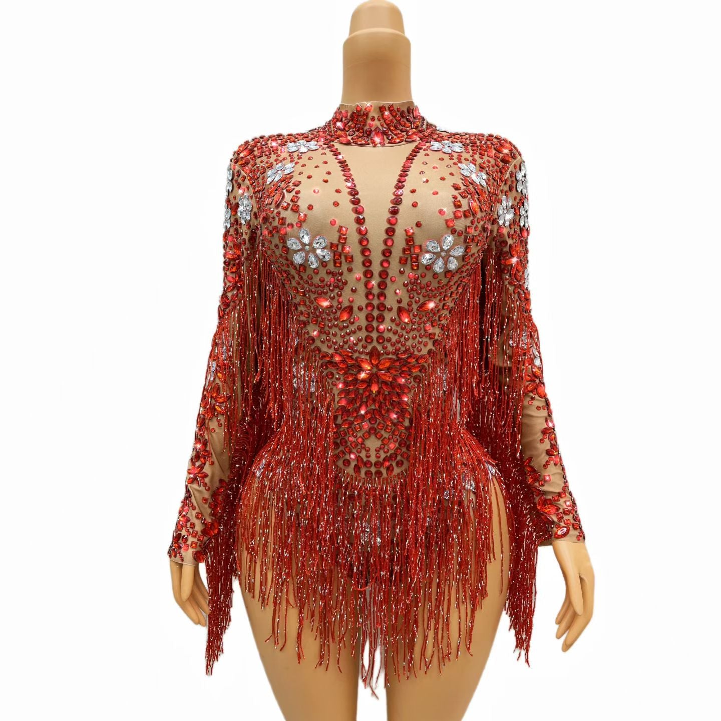 CELESINYI Shenhong Crystal Ruby Fringe Leotard