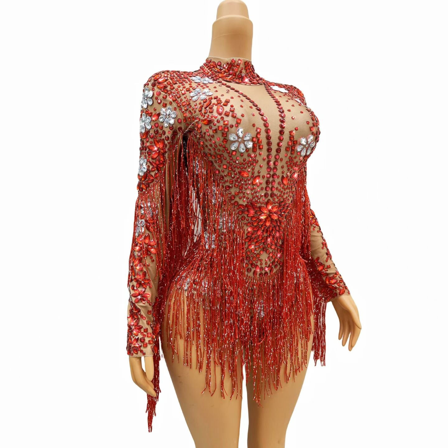 CELESINYI Shenhong Crystal Ruby Fringe Leotard