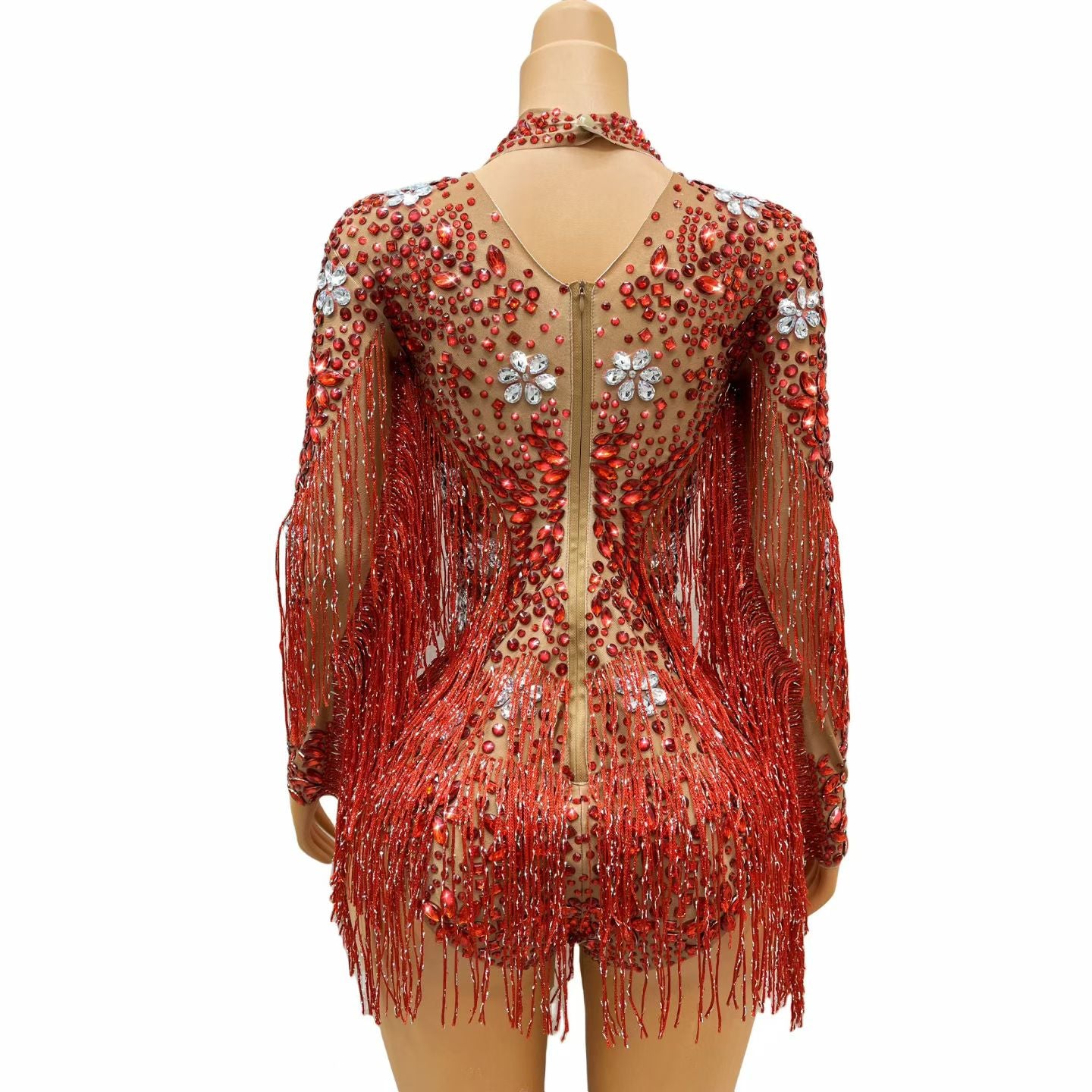 CELESINYI Shenhong Crystal Ruby Fringe Leotard