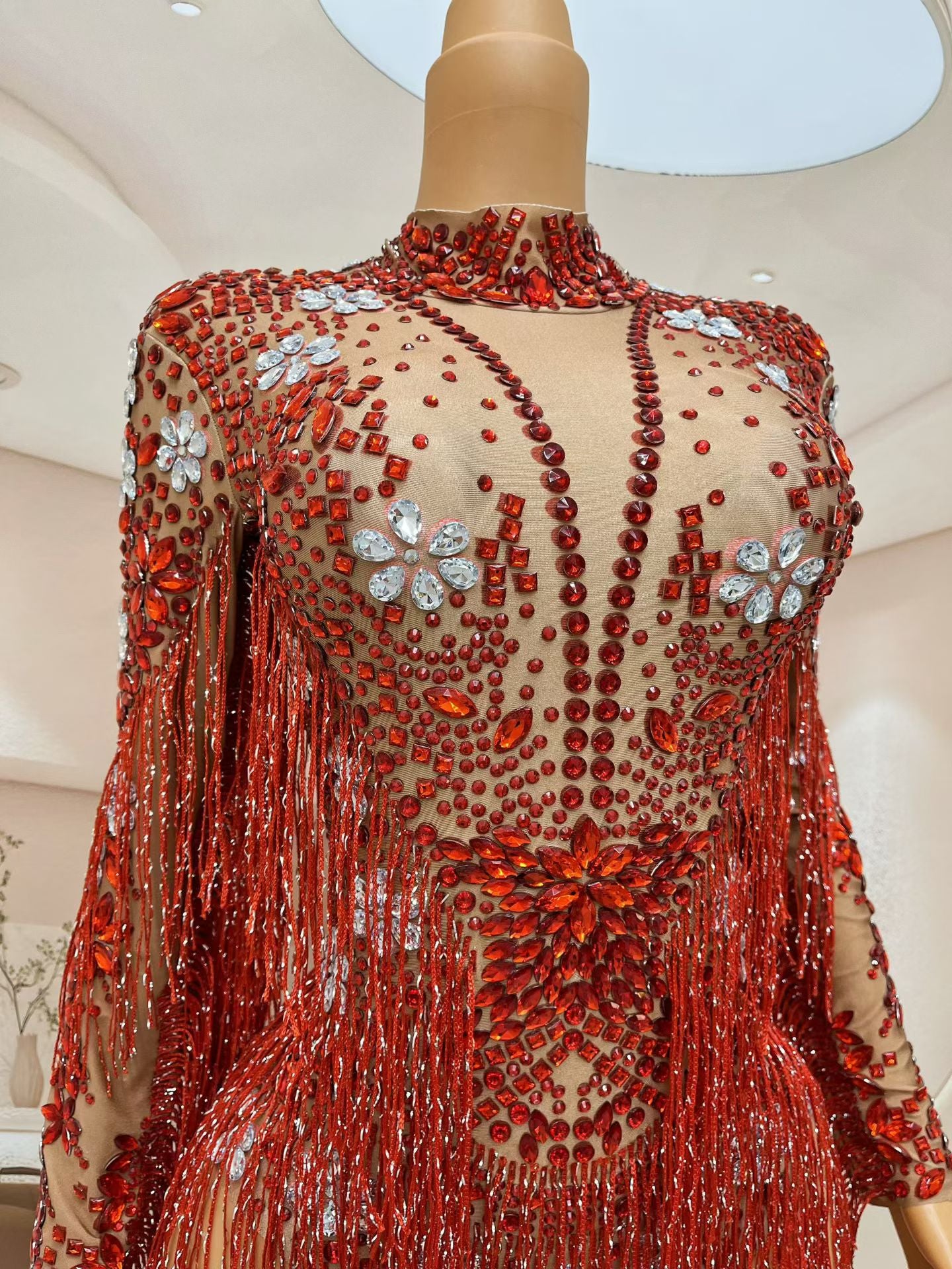 CELESINYI Shenhong Crystal Ruby Fringe Leotard