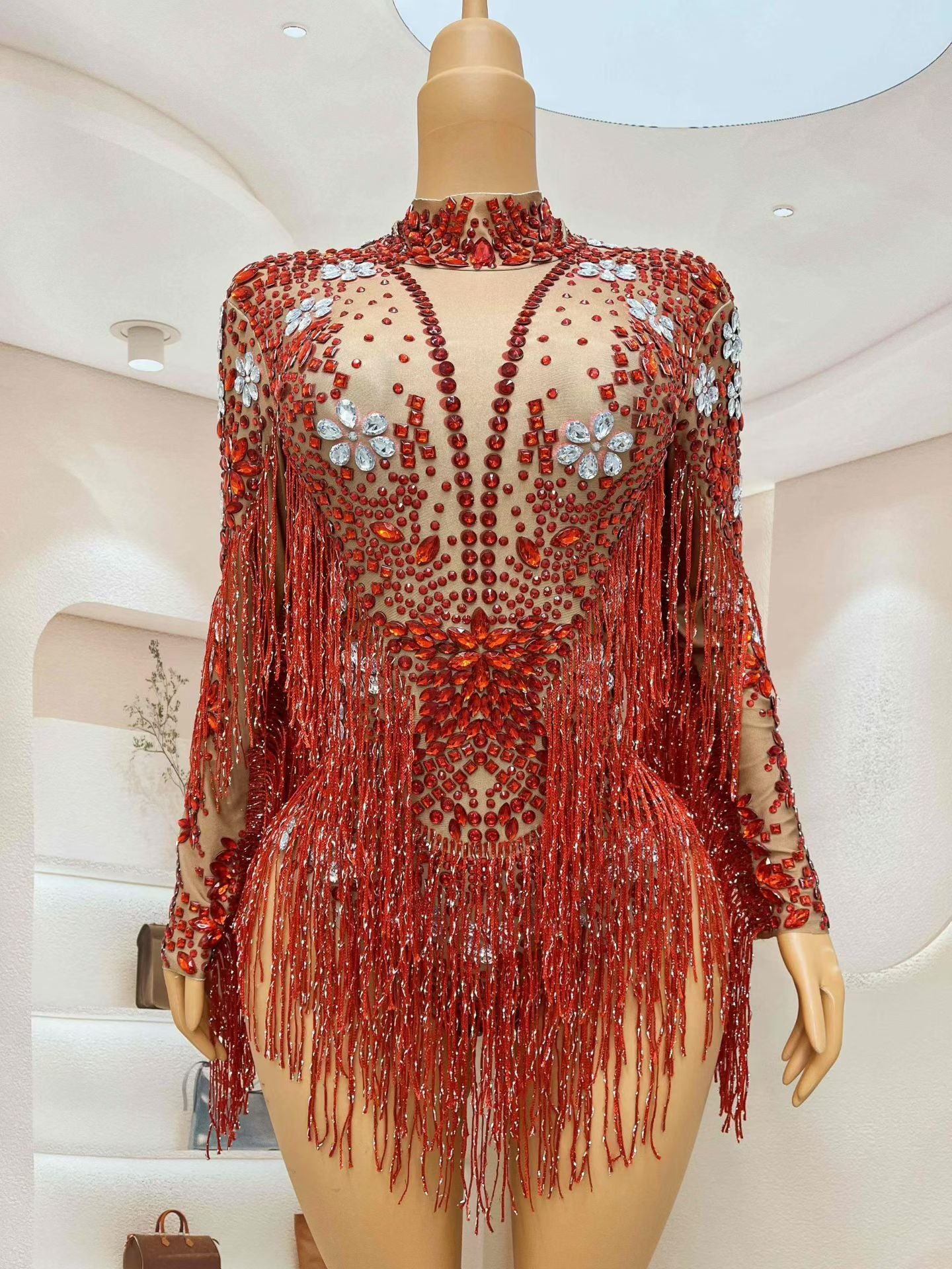CELESINYI Shenhong Crystal Ruby Fringe Leotard