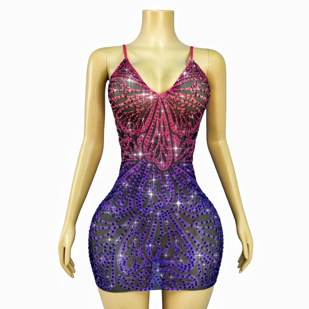 CELESINYI Huandie Crystal Butterfly Vein Mini Dress