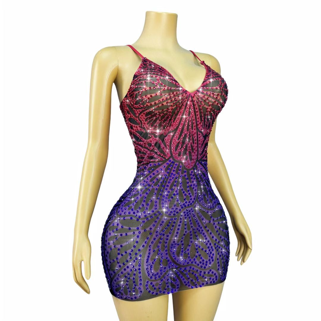 CELESINYI Huandie Crystal Butterfly Vein Mini Dress