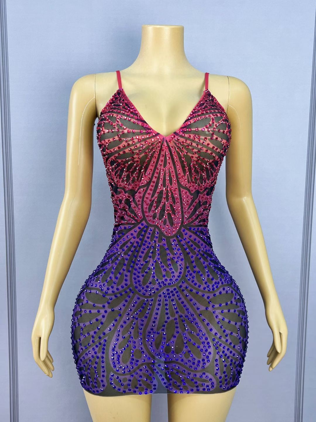 CELESINYI Huandie Crystal Butterfly Vein Mini Dress
