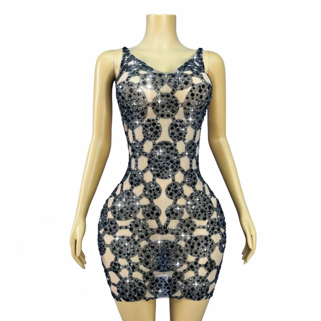 CELESINYI Heiyuanquan Crystal Black Ring Mini Dress