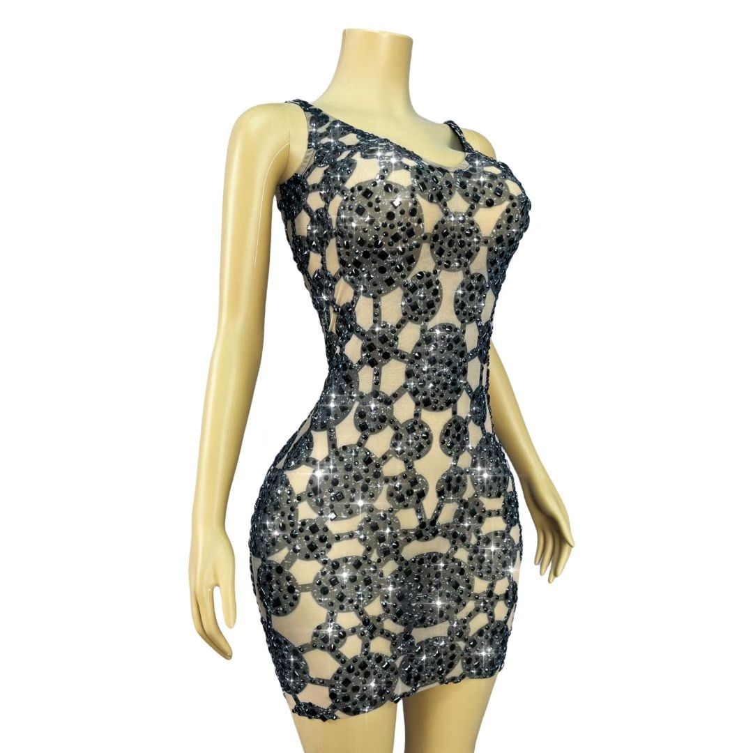 CELESINYI Heiyuanquan Crystal Black Ring Mini Dress