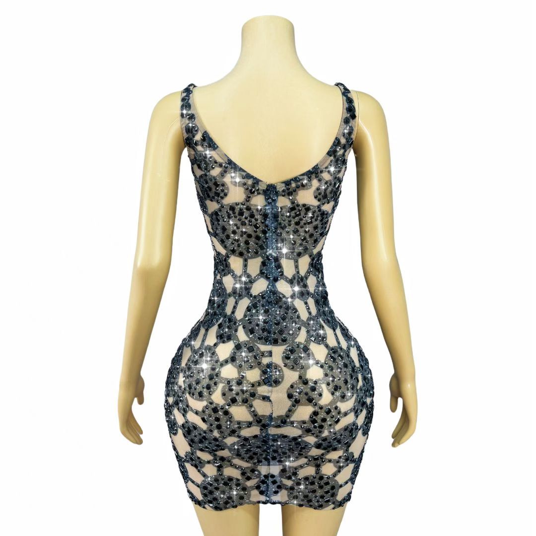 CELESINYI Heiyuanquan Crystal Black Ring Mini Dress