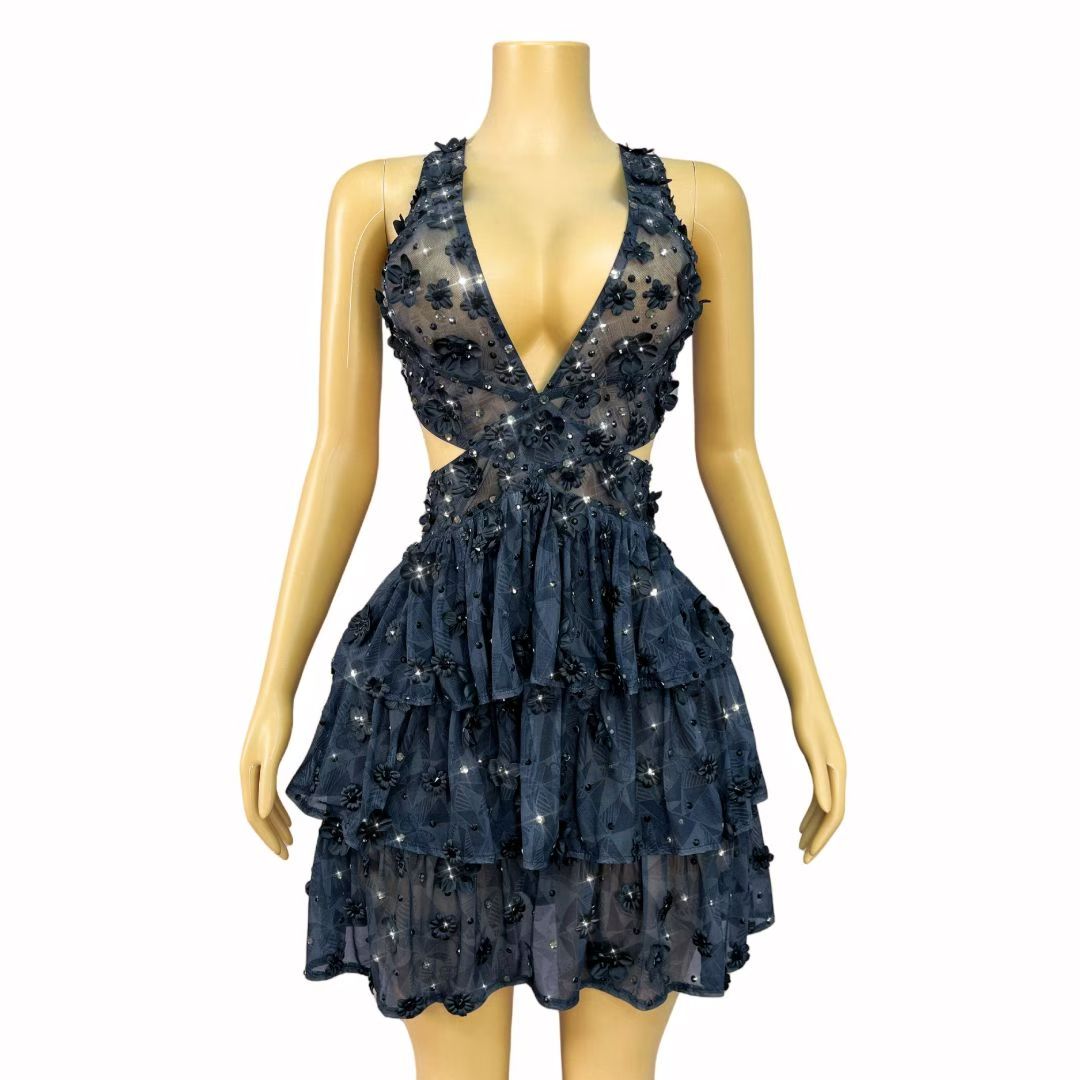 CELESINYI Heisenlin Crystal 3D Rose Mini Dress