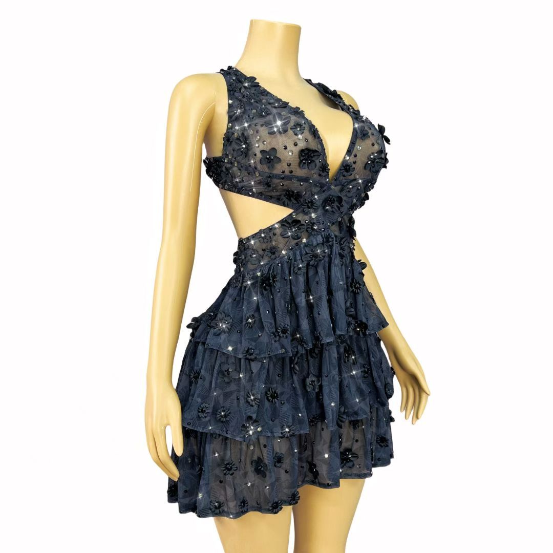 CELESINYI Heisenlin Crystal 3D Rose Mini Dress