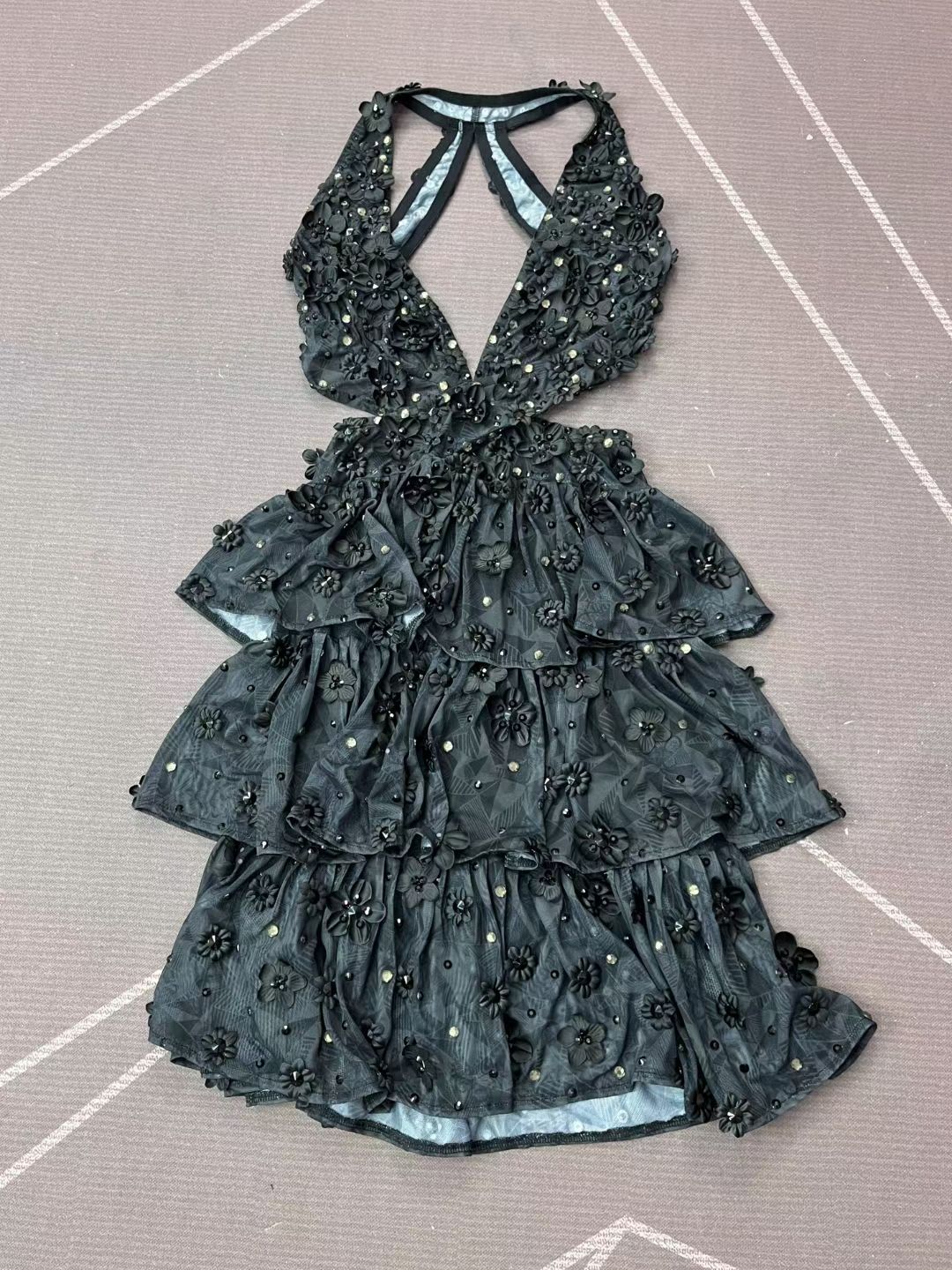 CELESINYI Heisenlin Crystal 3D Rose Mini Dress