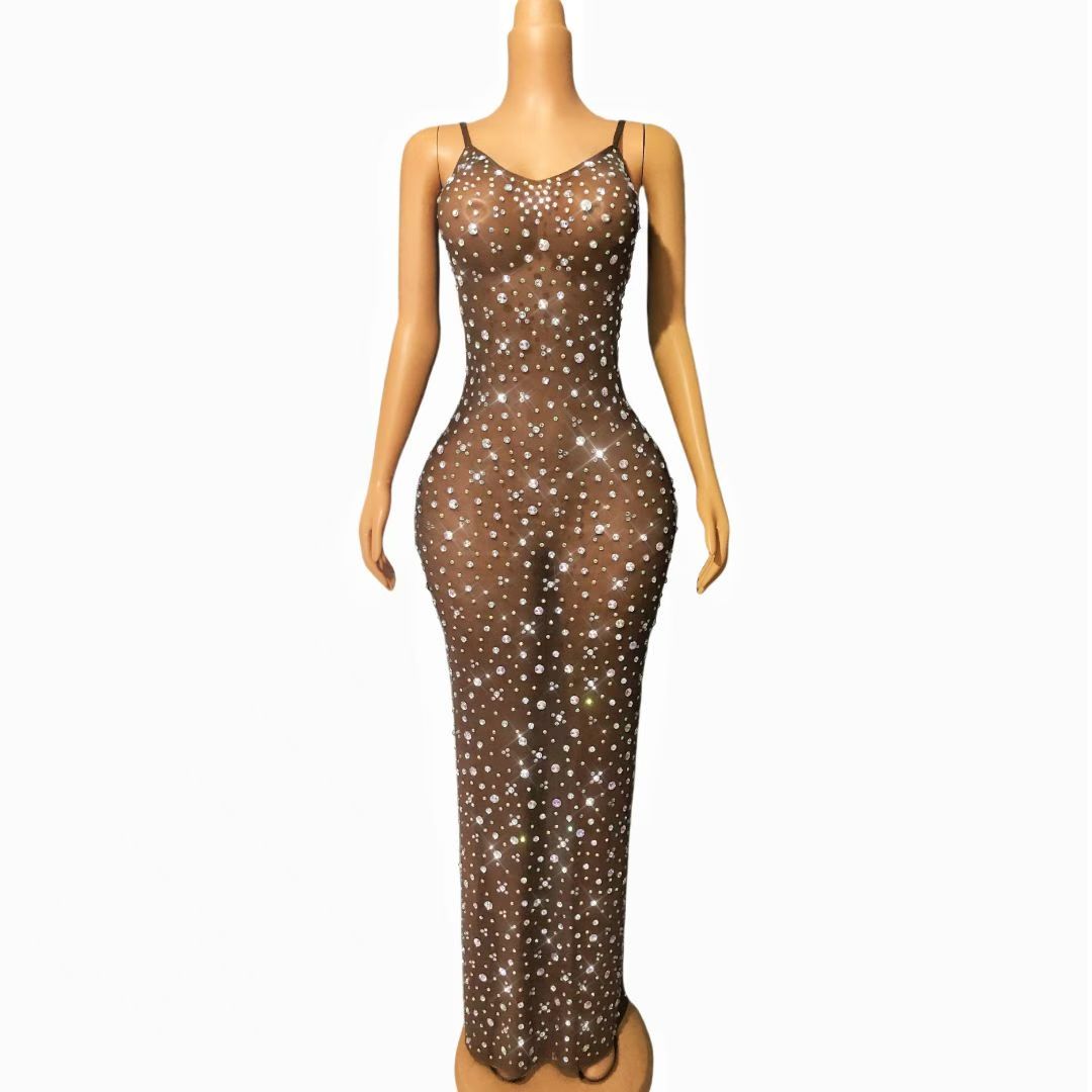 CELESINYI Xiaohei Crystal Brown Star Maxi Dress