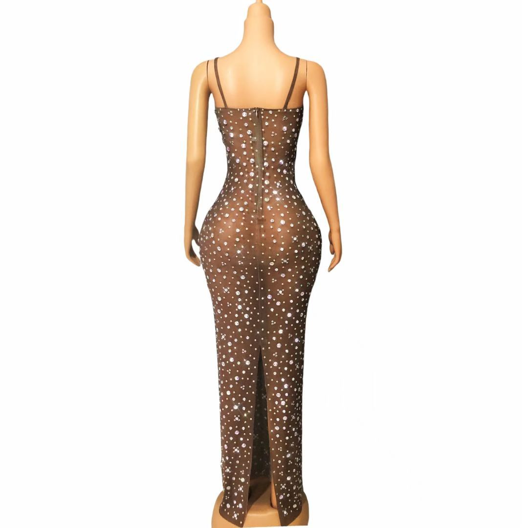 CELESINYI Xiaohei Crystal Brown Star Maxi Dress