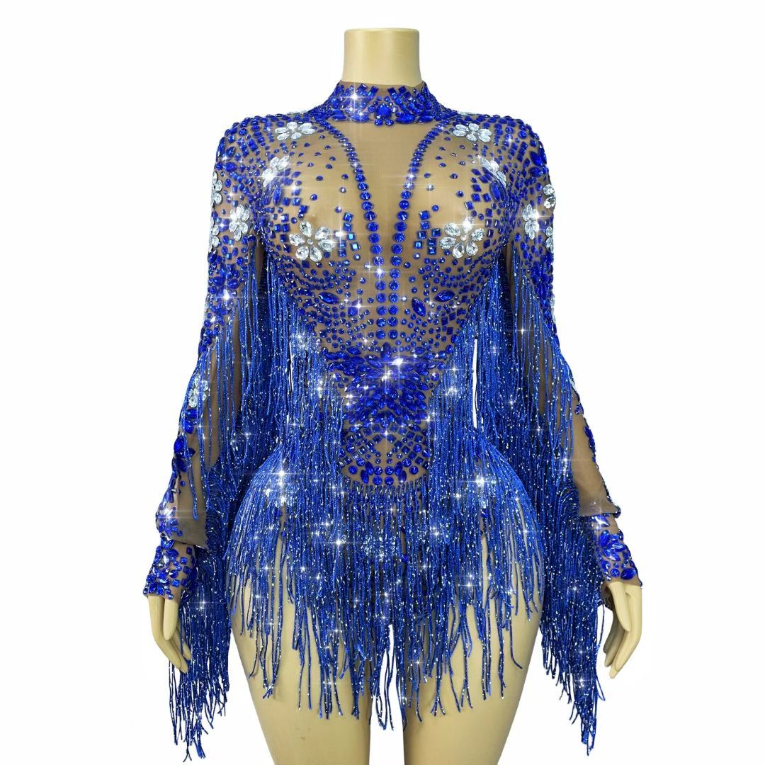 CELESINYI Shenlan Crystal Royal Blue Fringe Leotard