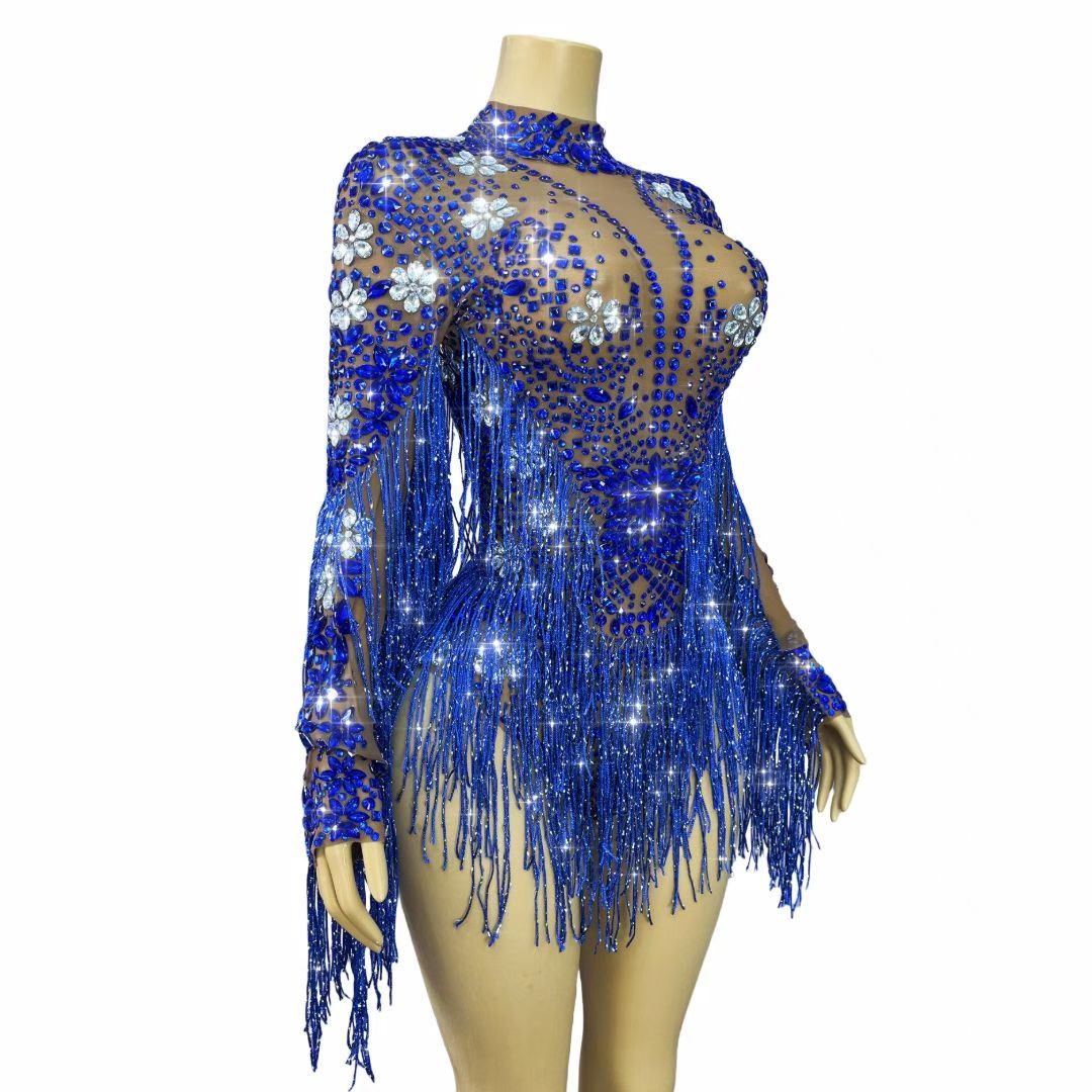 CELESINYI Shenlan Crystal Royal Blue Fringe Leotard