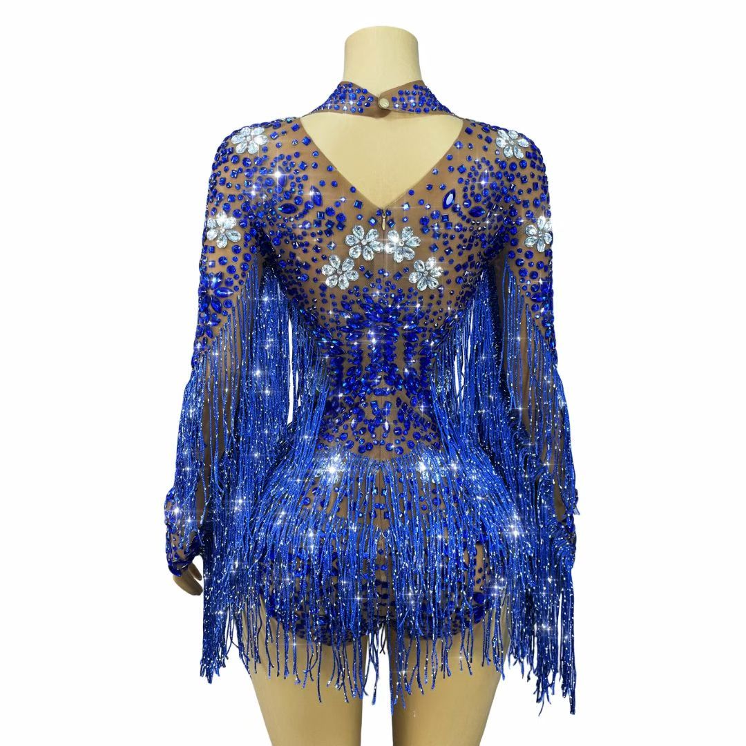 CELESINYI Shenlan Crystal Royal Blue Fringe Leotard