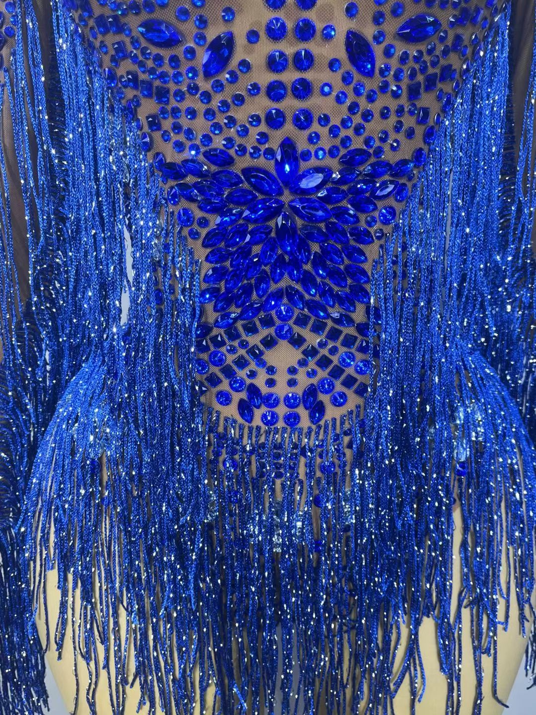 CELESINYI Shenlan Crystal Royal Blue Fringe Leotard