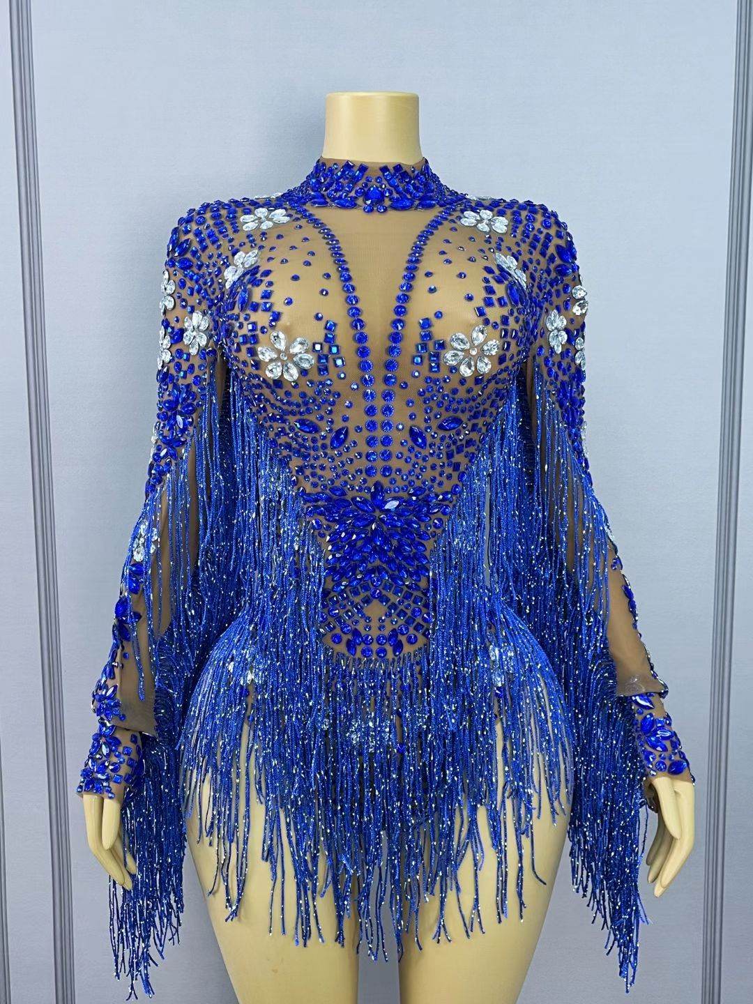 CELESINYI Shenlan Crystal Royal Blue Fringe Leotard