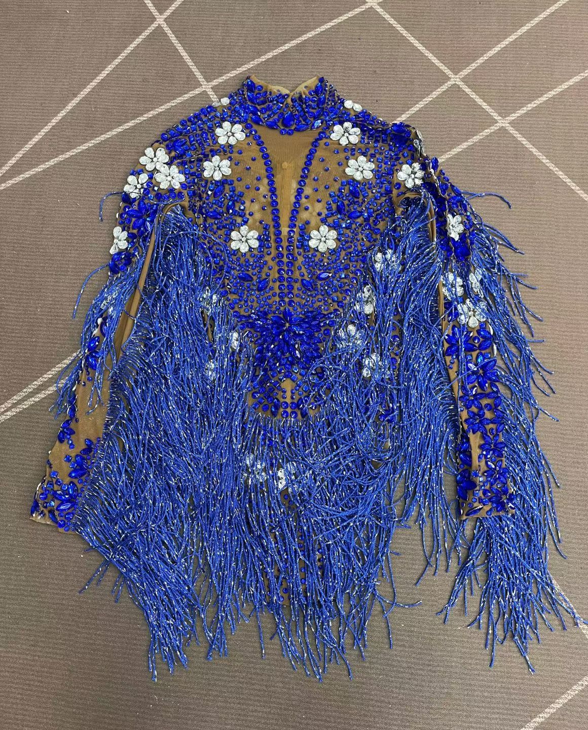 CELESINYI Shenlan Crystal Royal Blue Fringe Leotard
