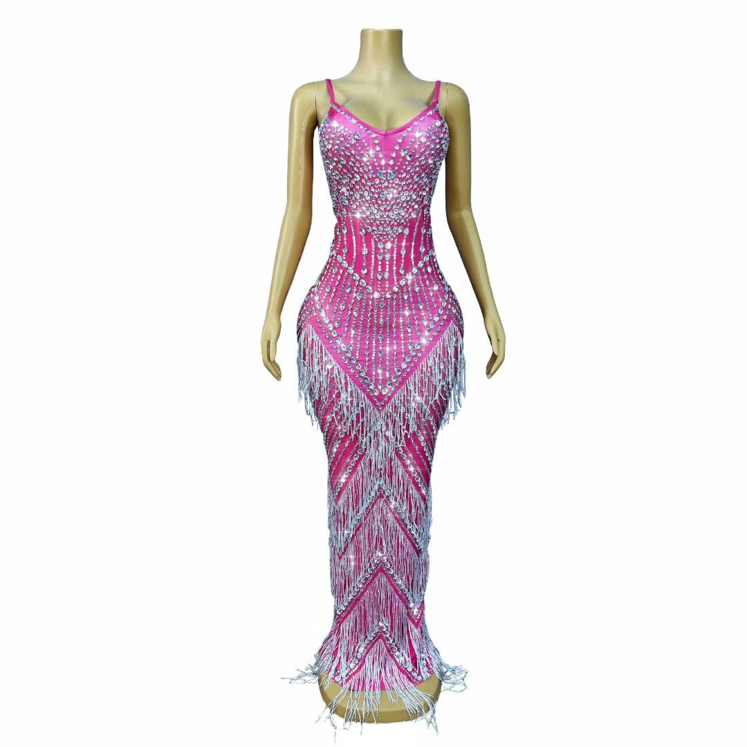 CELESINYI Meihongyu Crystal Hot Pink Fringe Gown