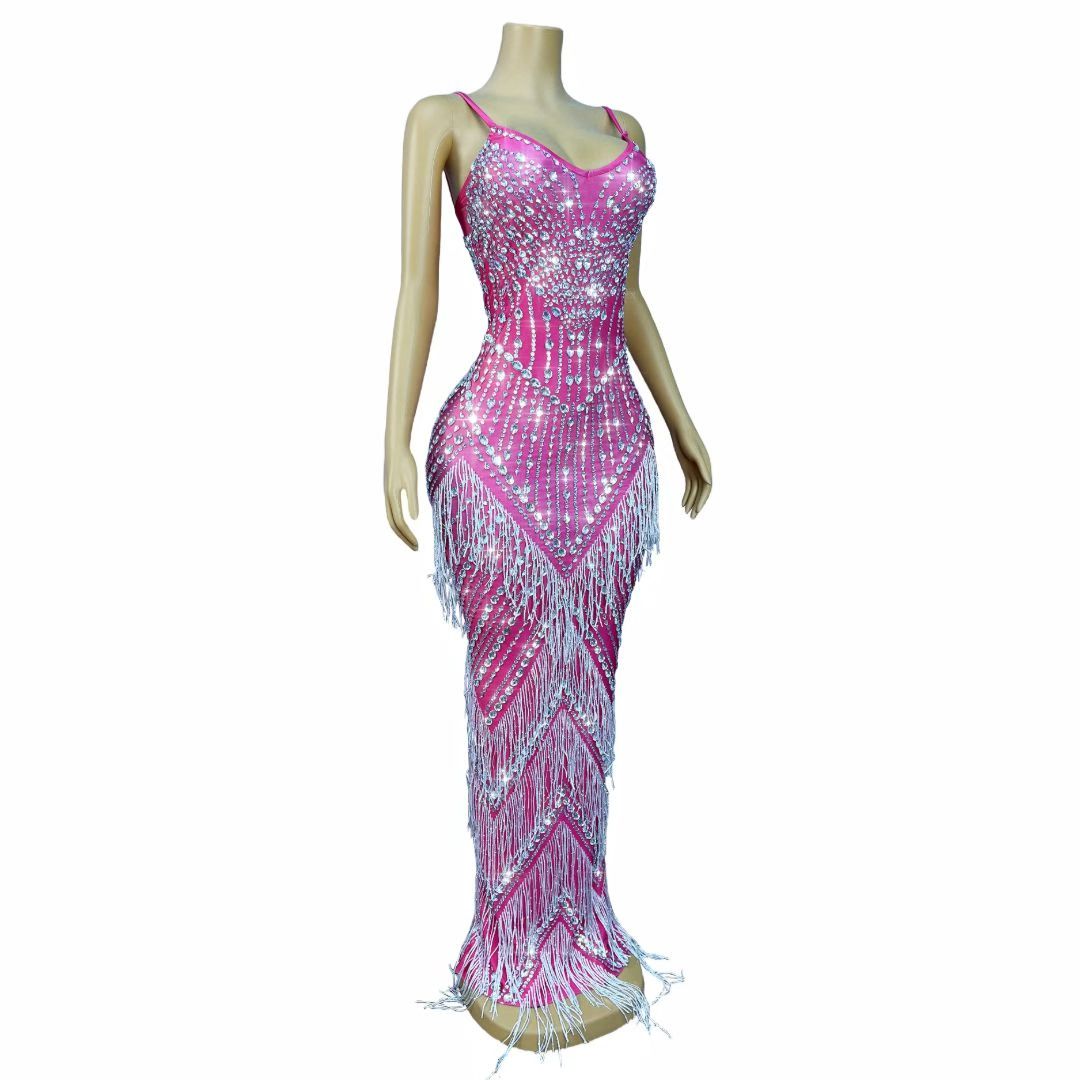 CELESINYI Meihongyu Crystal Hot Pink Fringe Gown