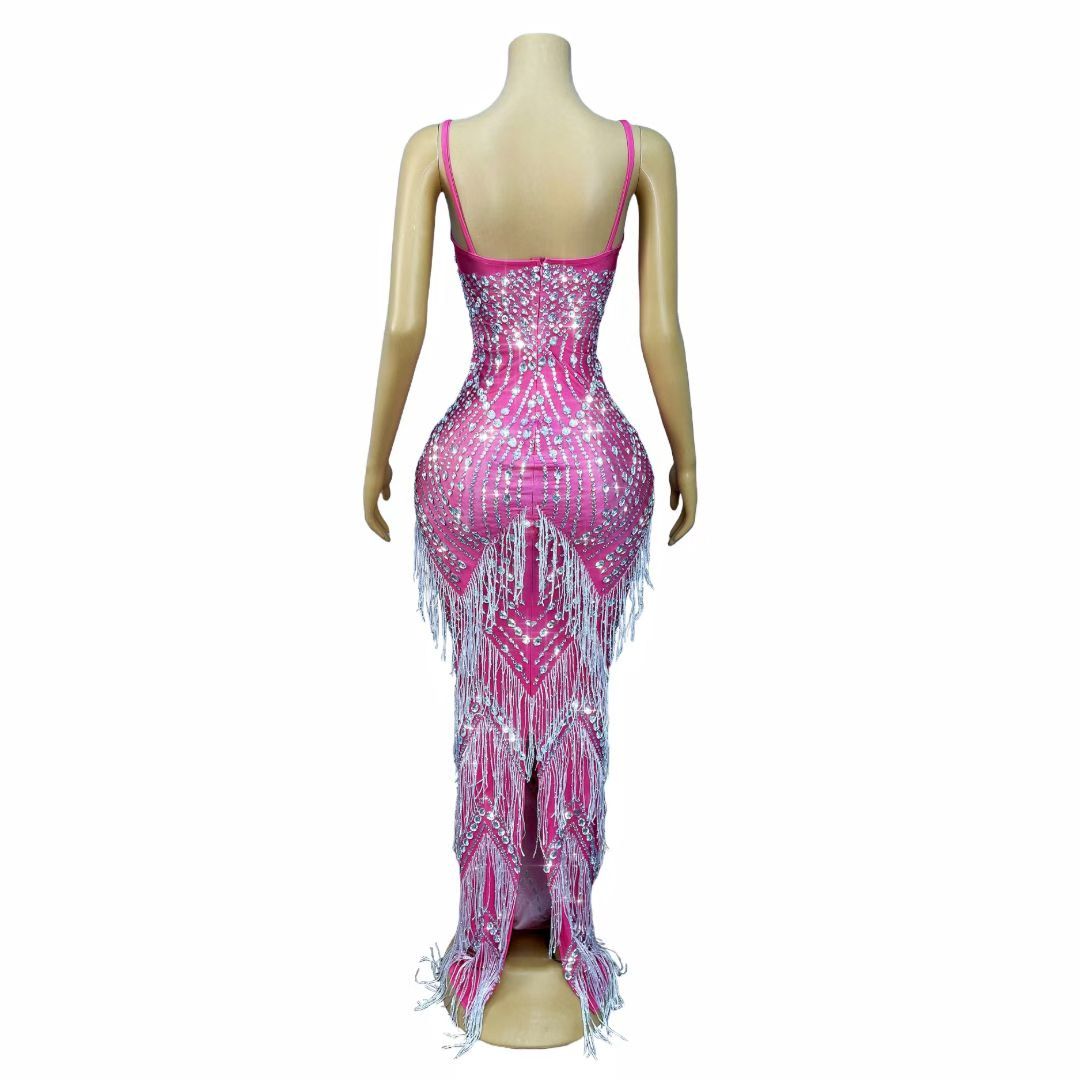 CELESINYI Meihongyu Crystal Hot Pink Fringe Gown