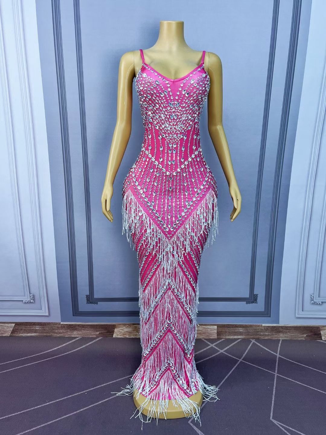 CELESINYI Meihongyu Crystal Hot Pink Fringe Gown
