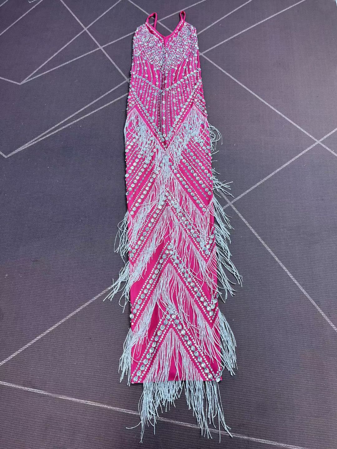 CELESINYI Meihongyu Crystal Hot Pink Fringe Gown