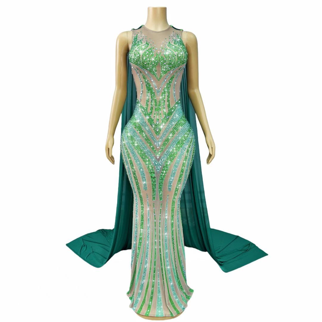 CELESINYI Lvhupan Crystal Emerald Cape Gown