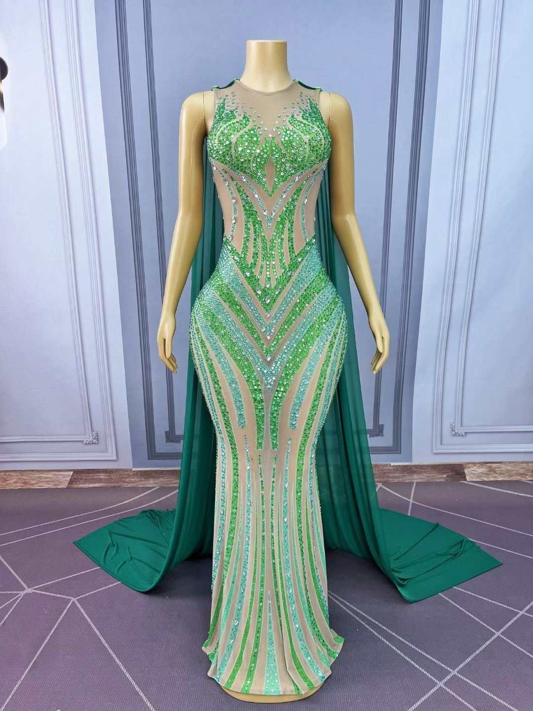 CELESINYI Lvhupan Crystal Emerald Cape Gown