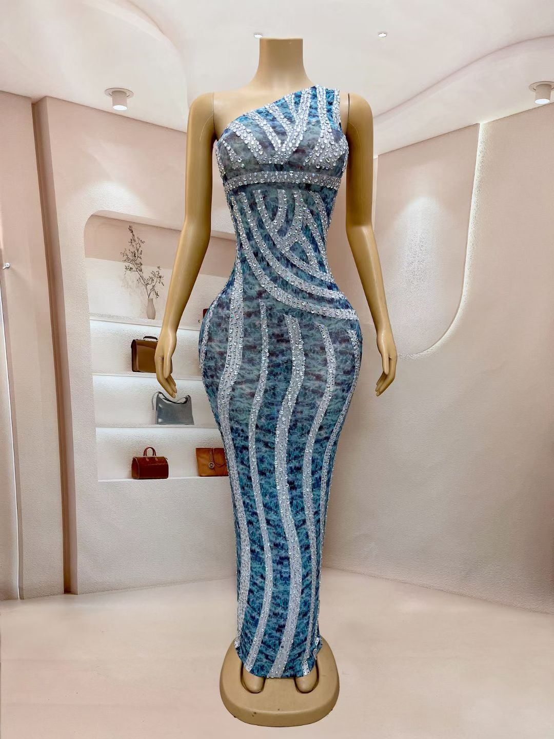 CELESINYI Lanjingkuang Crystal Marble One-Shoulder Gown