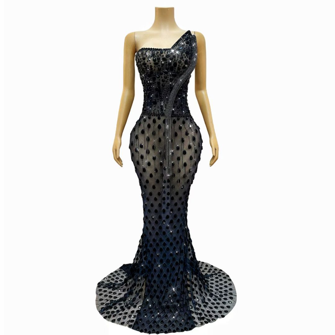 CELESINYI Heishe Crystal Black Snake Gown