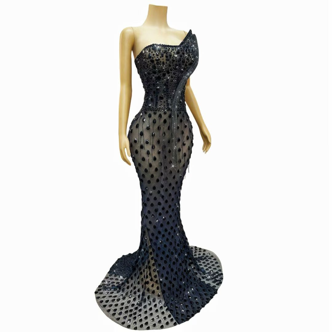 CELESINYI Heishe Crystal Black Snake Gown
