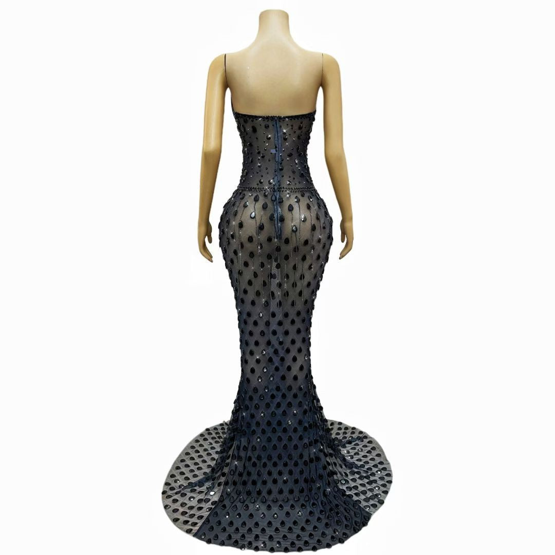 CELESINYI Heishe Crystal Black Snake Gown