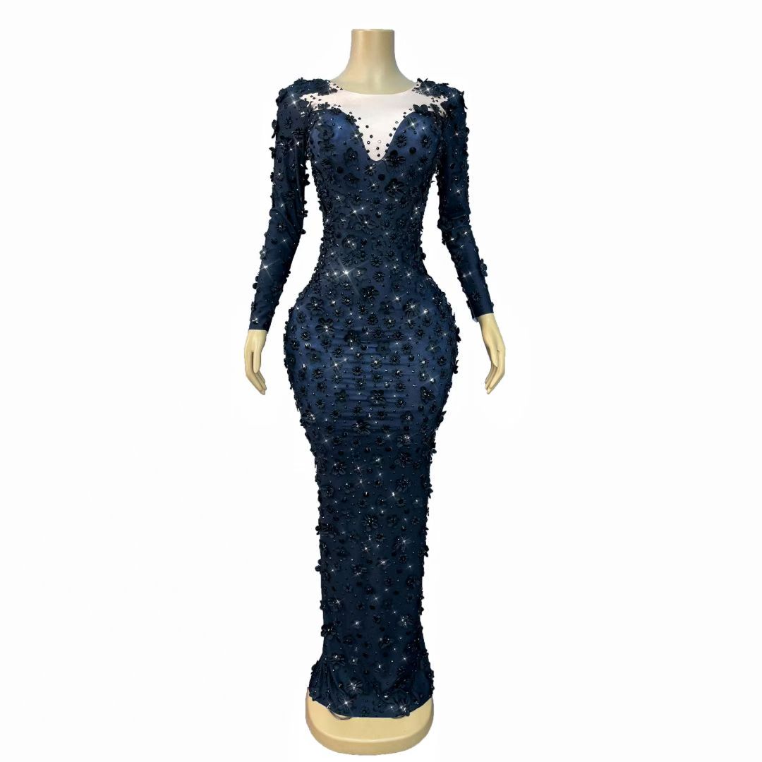 CELESINYI Chunjie Crystal 3D Flower Long Sleeve Gown