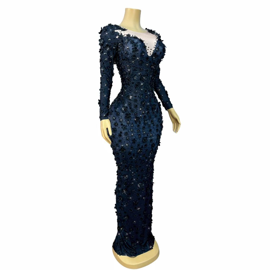 CELESINYI Chunjie Crystal 3D Flower Long Sleeve Gown