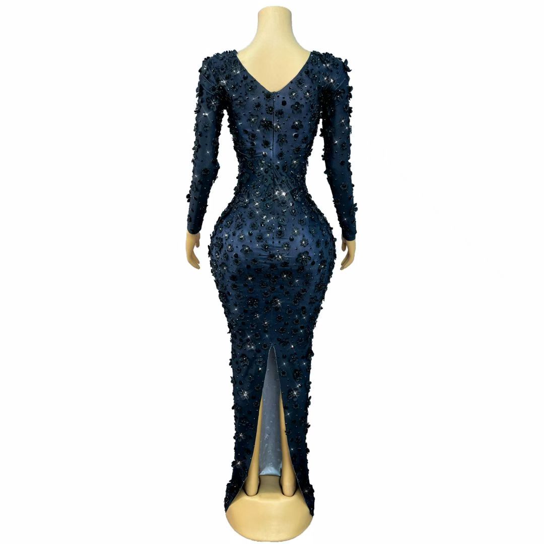 CELESINYI Chunjie Crystal 3D Flower Long Sleeve Gown