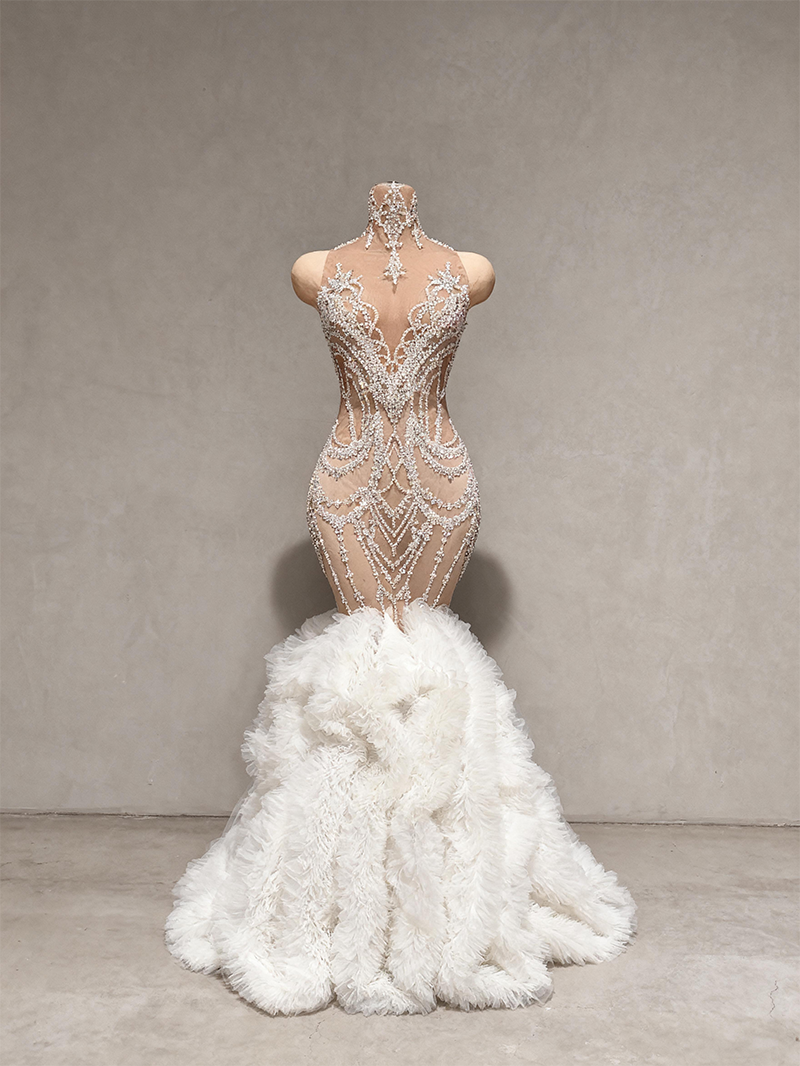 Gongzhu White mesh Trailing Rhinestone Wedding Dress