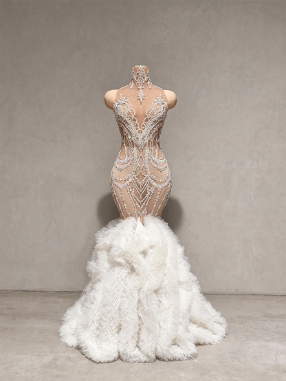 Gongzhu White mesh Trailing Rhinestone Wedding Dress