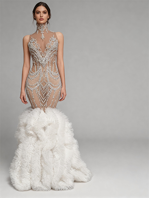 Gongzhu White mesh Trailing Rhinestone Wedding Dress