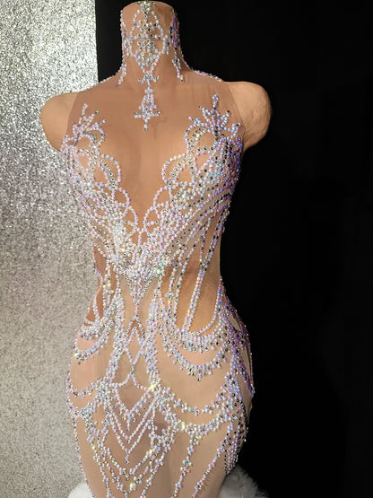 Gongzhu White mesh Trailing Rhinestone Wedding Dress