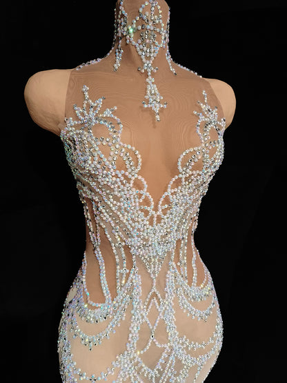 Gongzhu White mesh Trailing Rhinestone Wedding Dress