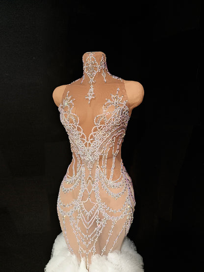 Gongzhu White mesh Trailing Rhinestone Wedding Dress