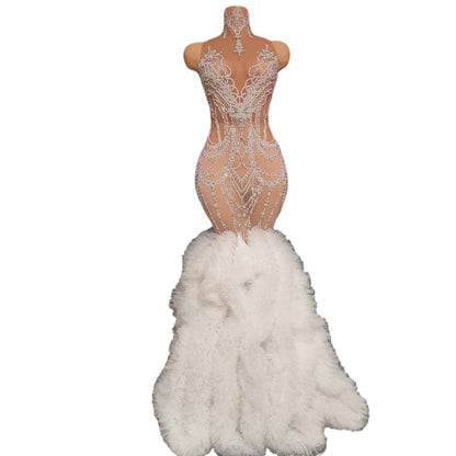 Gongzhu White mesh Trailing Rhinestone Wedding Dress