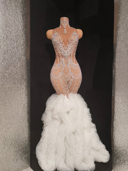 Gongzhu White mesh Trailing Rhinestone Wedding Dress