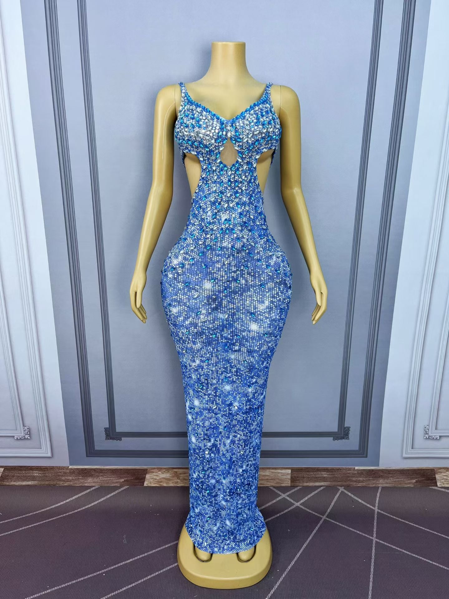 CELESINYI Huami Crystal Blue Mermaid Gown