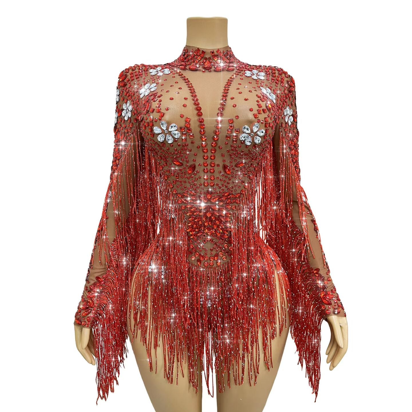 CELESINYI Shenhong Crystal Scarlet Fringe Leotard