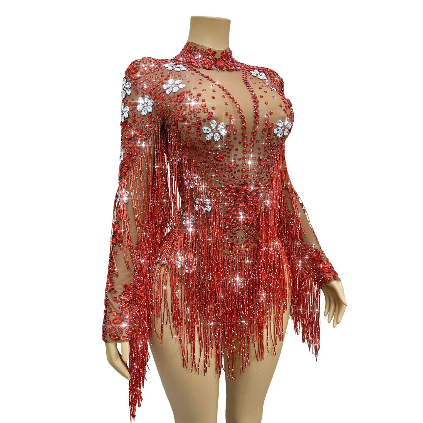 CELESINYI Shenhong Crystal Scarlet Fringe Leotard
